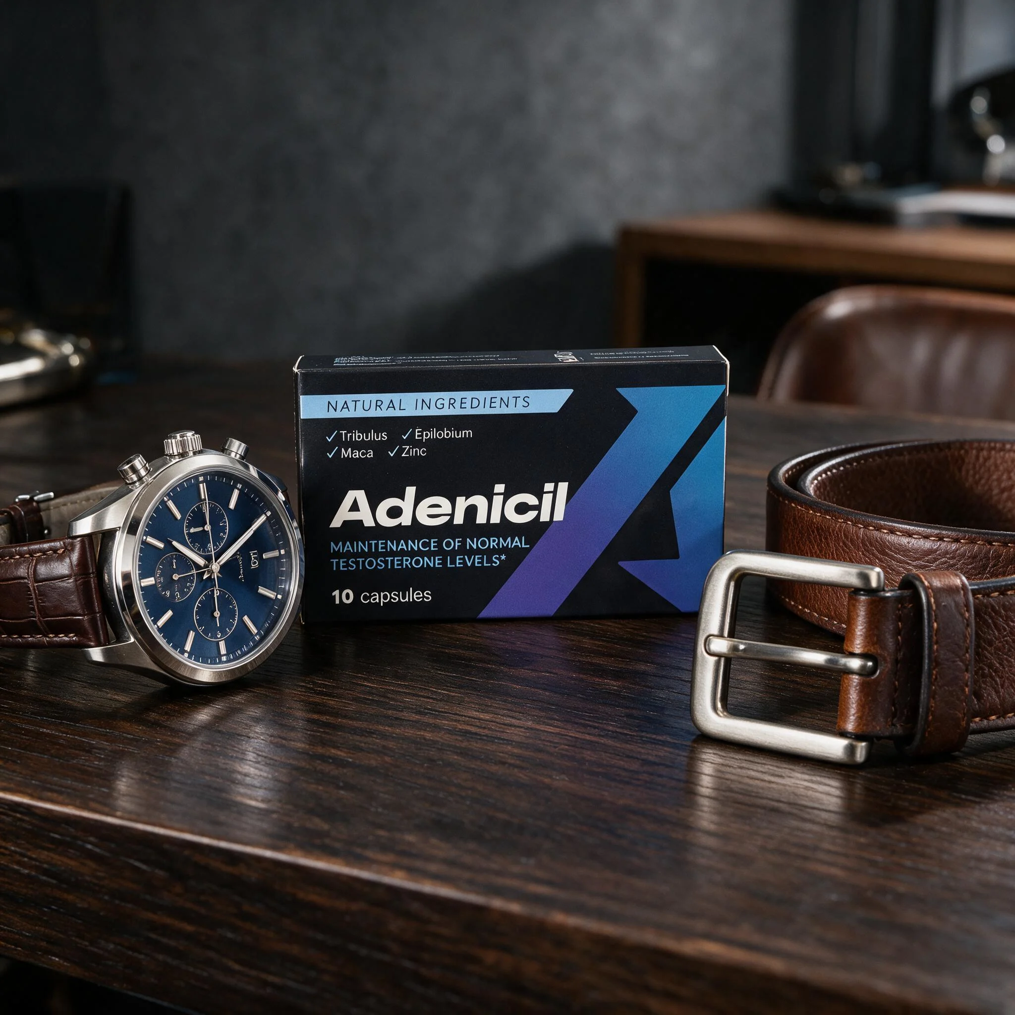 Presentación de Adenicil original junto a accesorios masculinos